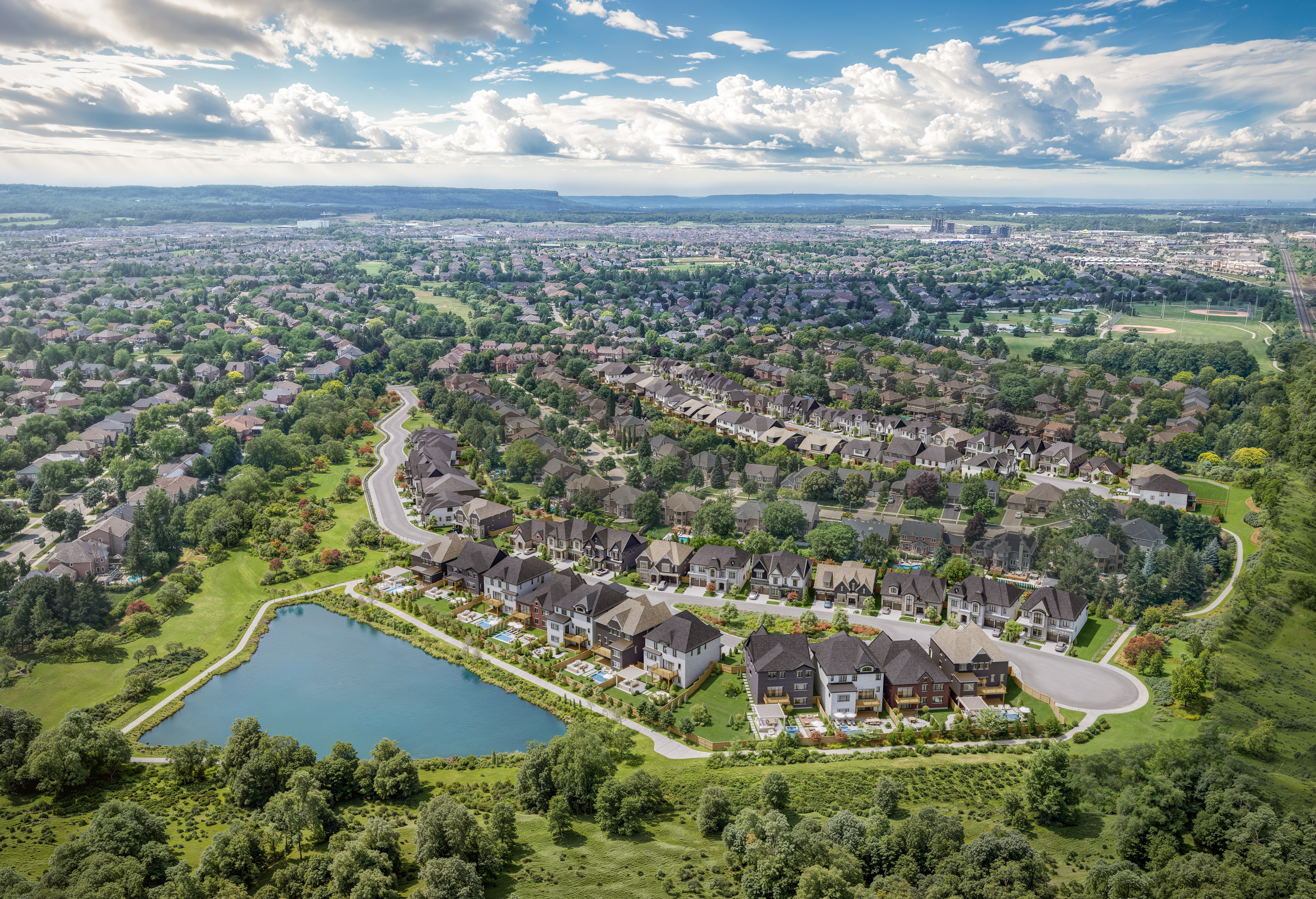 Aerial rendering of The Legacy community along Millcroft Golf Club, Burlington
